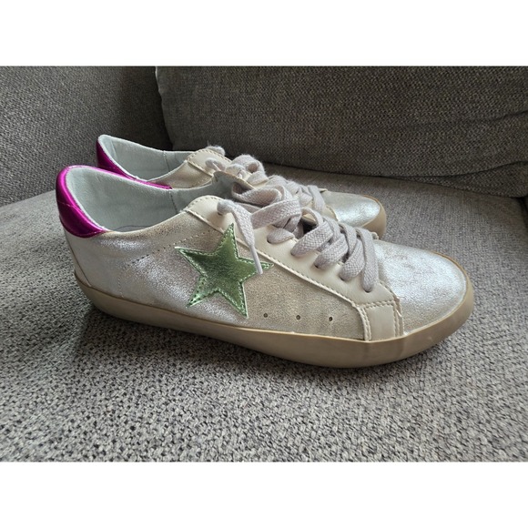 Shu Shop Paula Silver Distressed Shoes Sneakers Shiny Star US 7.5 - Picture 2 of 13